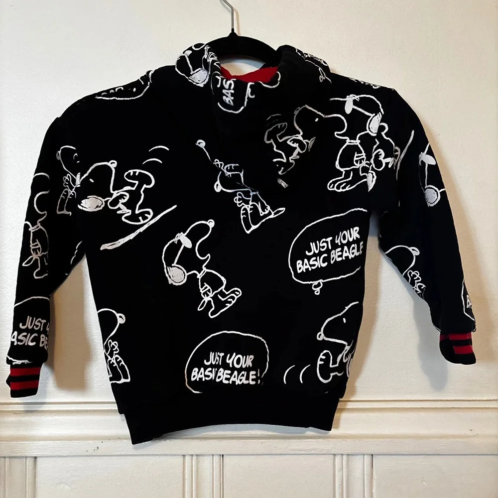 Zara Kids Peanuts Snoopy Hoodie Size 5/6 Black Red All Over Print Pullover